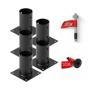 5 schwarze HOLLMAX Aufschraubhülsen 80mm für Rundholzpfosten. Pulverbeschichteter Stahl Pfostenträger Komplettset mit Ankern.