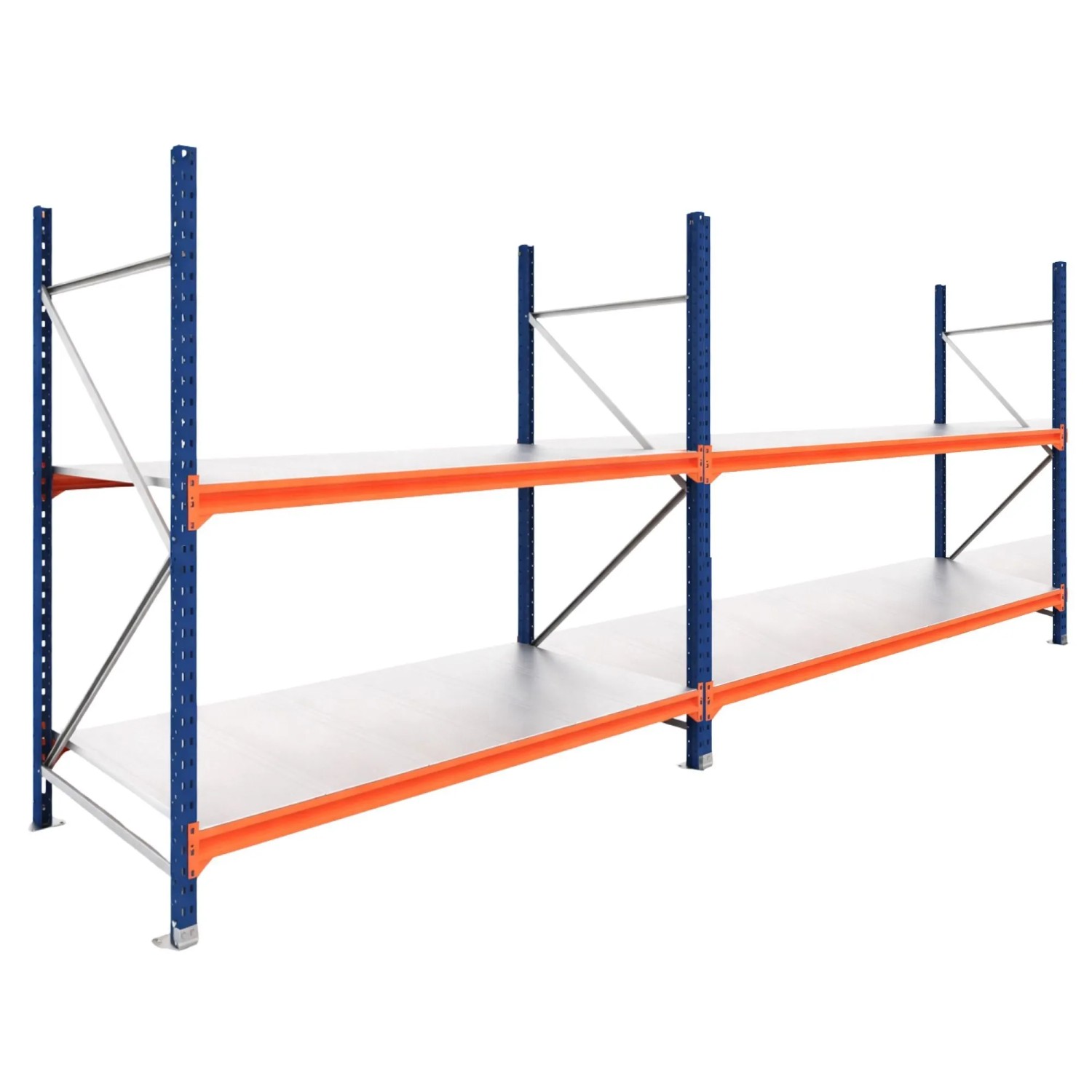 PROREGAL Weitspannregal Schwerlastregal DOMINUS Komplettregal 2 Felder 200x390x100cm 2 Ebenen Stahlplatten-Fachboden Fachlast 350 kg Blau/Orange
