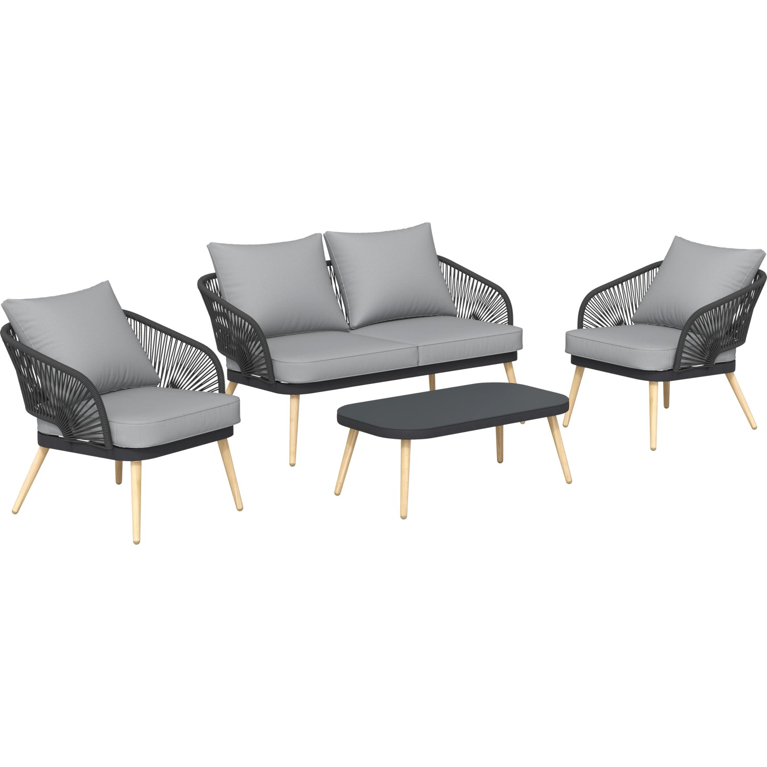 4-teiliges Lounge-Set Edna anthrazit mit Seilbespannung, inkl. Auflagen und Tisch.
