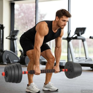Mann trainiert mit vidaXL 2-in-1 Hantelset (30kg, schwarz/rot) im Fitnessstudio.
