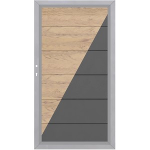 Sichtschutzzaun-Element Jumbo WPC Einzeltor mit Holz- und Grautönen im Rahmen.