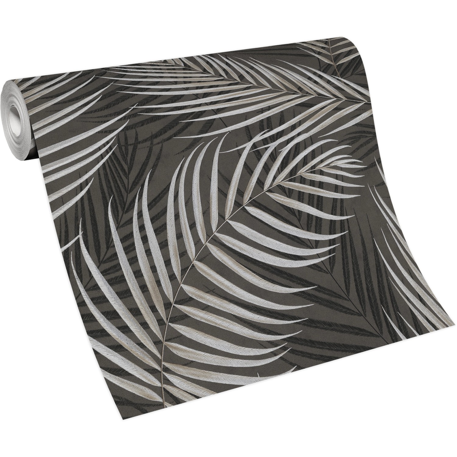 Rolle Erismann Vliestapete mit Palmblätter-Muster in Grau- und Silbertönen.