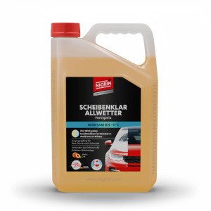 NIGRIN Scheibenklar Allwetter Pfirsich 5l. Frostschutz bis -11°C für klare Sicht, Insektenlöser. Orangefarbener Kanister mit rotem Deckel.