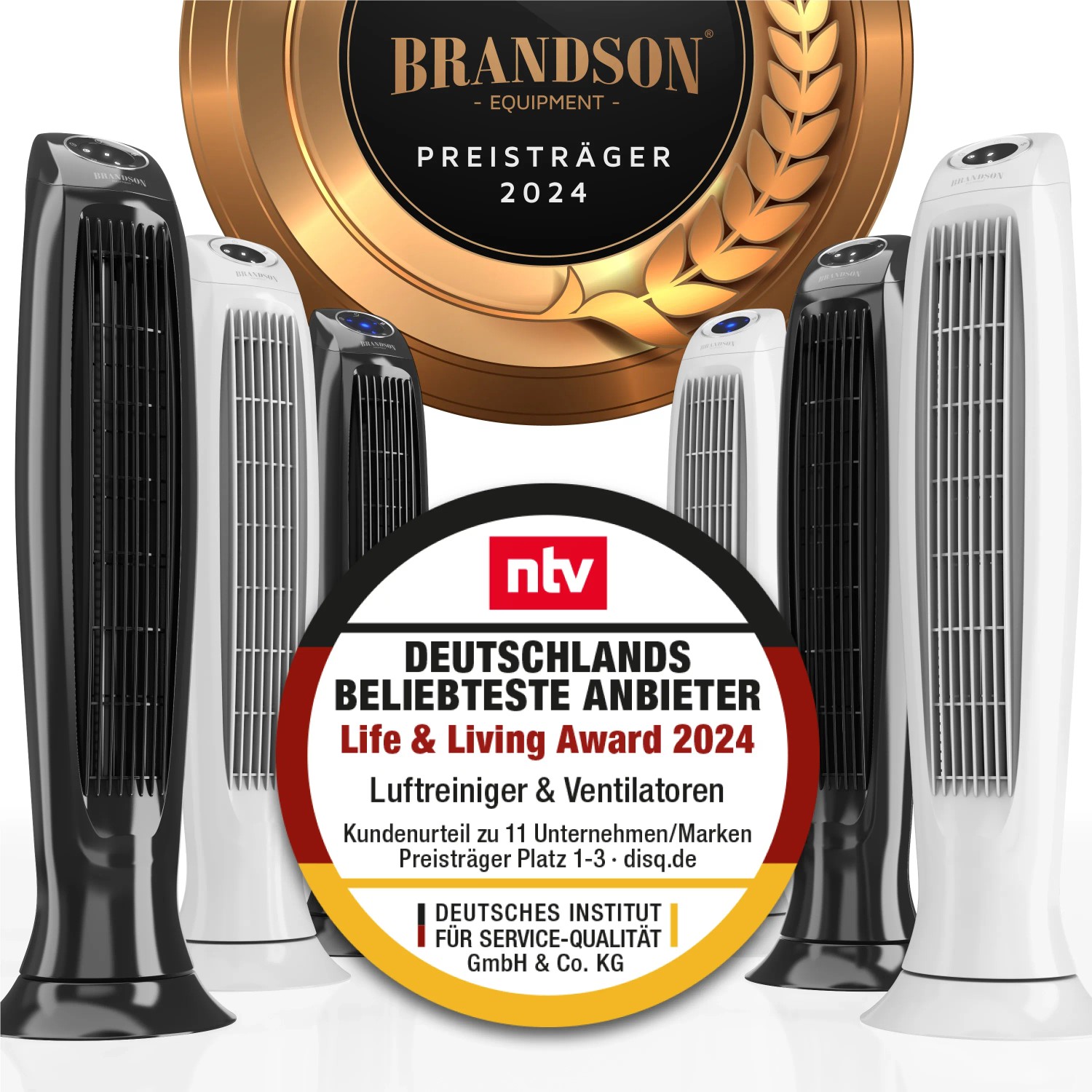Brandson Turmventilator Silent Eco Green, schwarz und weiß, mit Auszeichnung "Beliebteste Anbieter 2024".