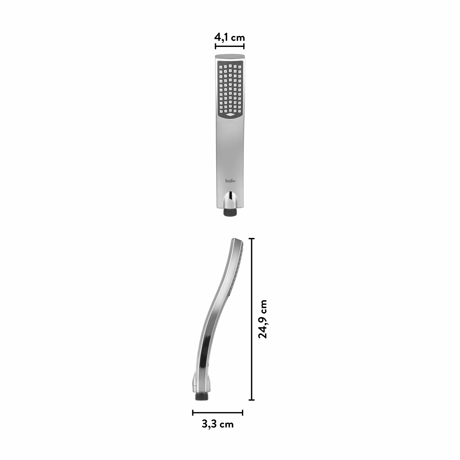 baliv Handbrause HBR-50.110, verchromt, graue Düsen, Maße eingeblendet.