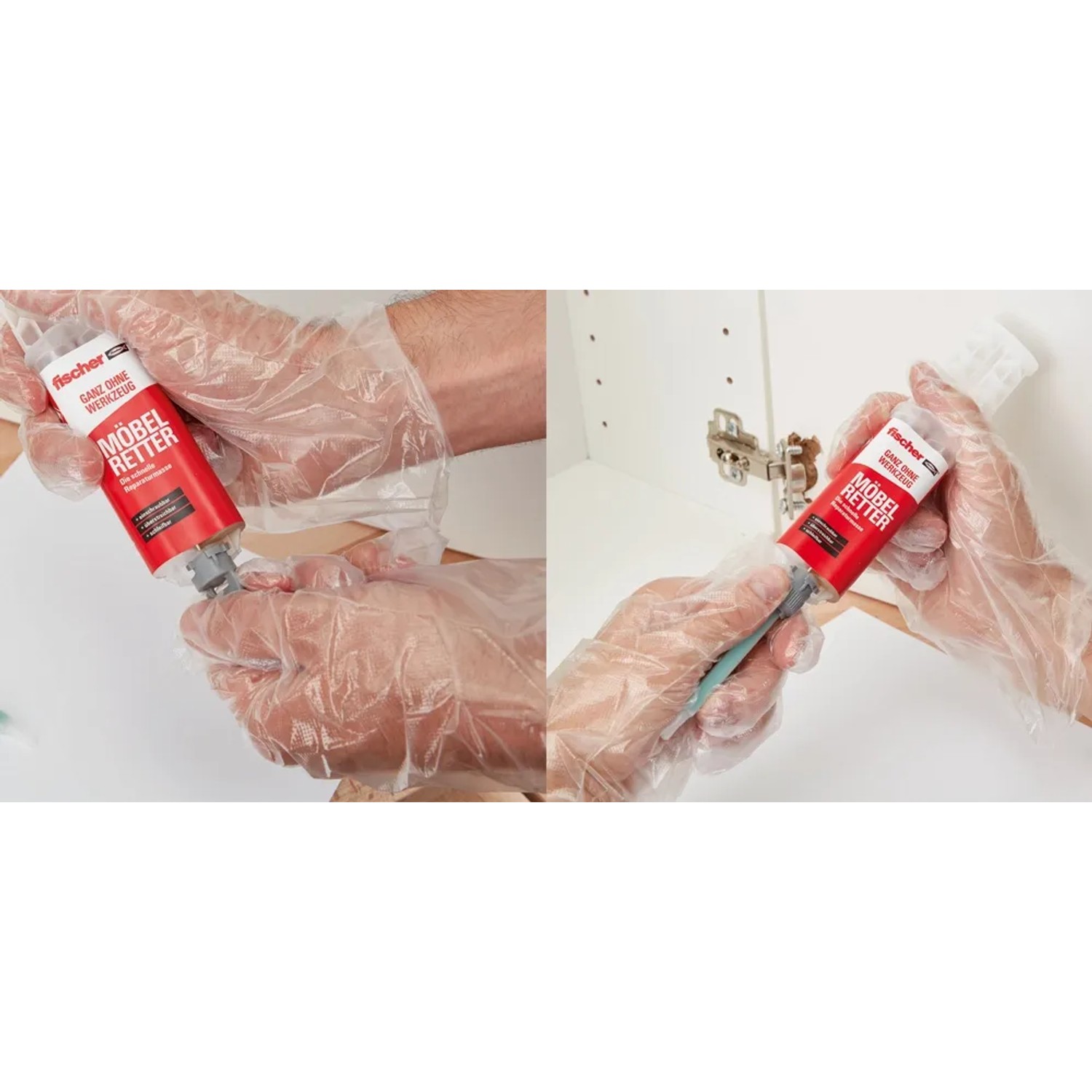 Anwendung des Fischer Möbelretters zum Kleben von Holzmöbeln.