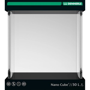 Dennerle Nano Cube 30 l: Mini-Aquarium mit Panoramafenster, Abdeckung und Unterlage.