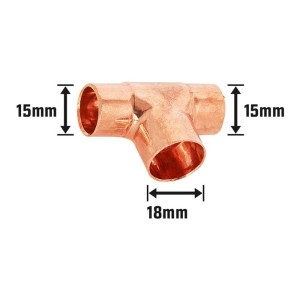 Löt-Reduzier-T-Stück aus Kupfer, 15 mm x 18 mm x 15 mm, für Kupferrohr-Verbindungen.