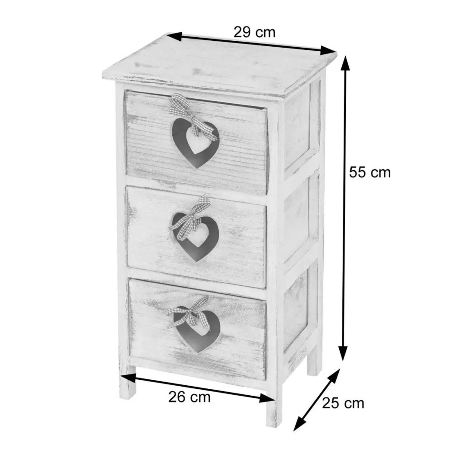 Weiße Shabby-Chic Kommode Sues aus Paulowniaholz mit 3 Schubladen, Herzgriffen und Maßen 55x29x25 cm.