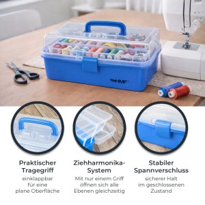 HMF STK901-05 Nähkasten Mit 3 Ebenen Sortierbox Blau 365x205x160 mm Für Nähzubehör Und Handarbeitsmaterial