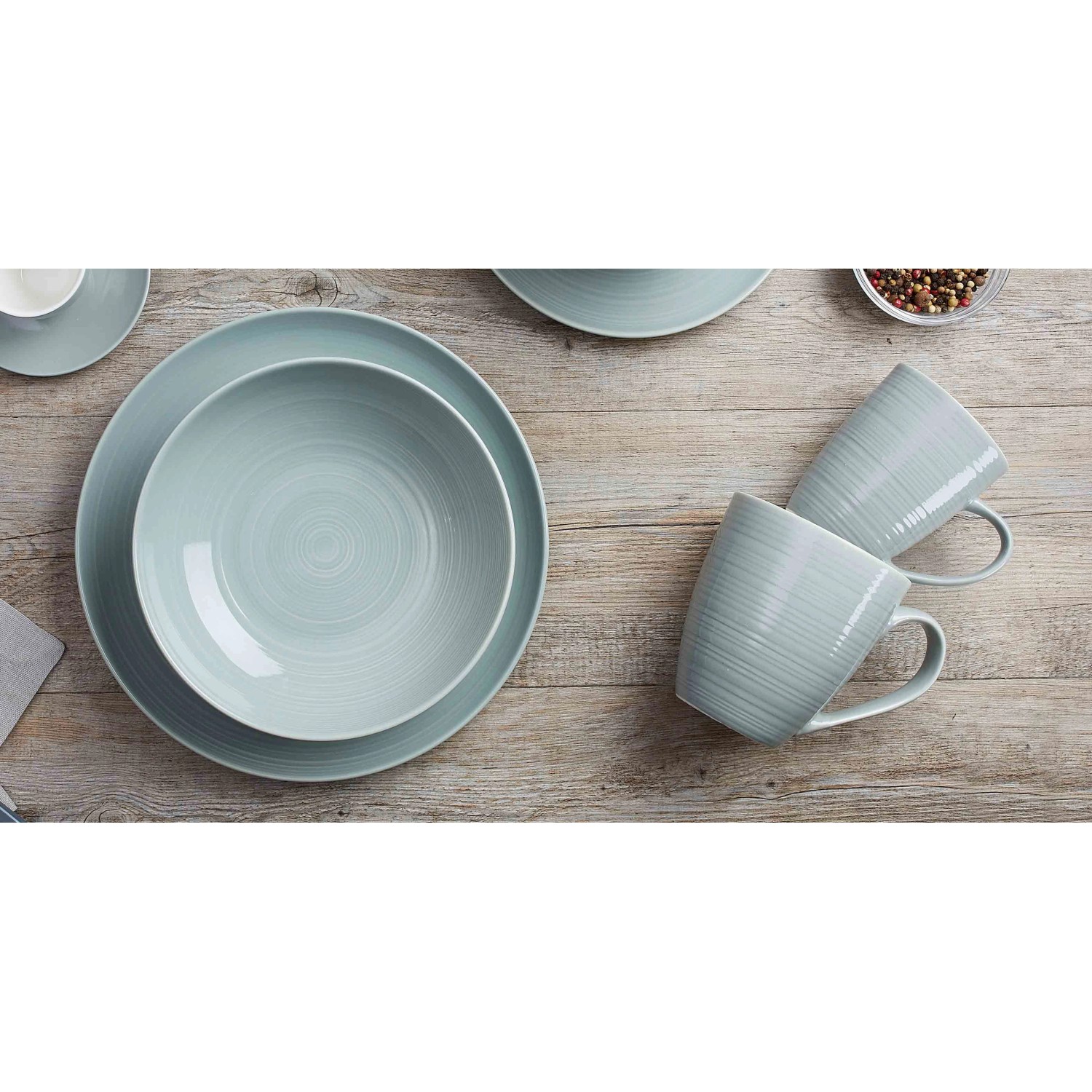 Ritzenhoff & Breker Suomi 12-teilig Kombiservice in Graublau mit Tellern und Tassen.