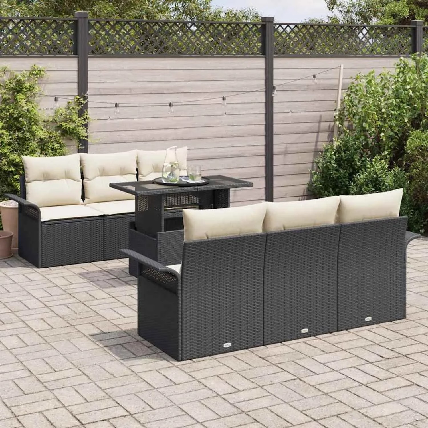 vidaXL Garten-Sofa-Set, 7-teilig, schwarz, Poly Rattan mit Tisch und Kissen.