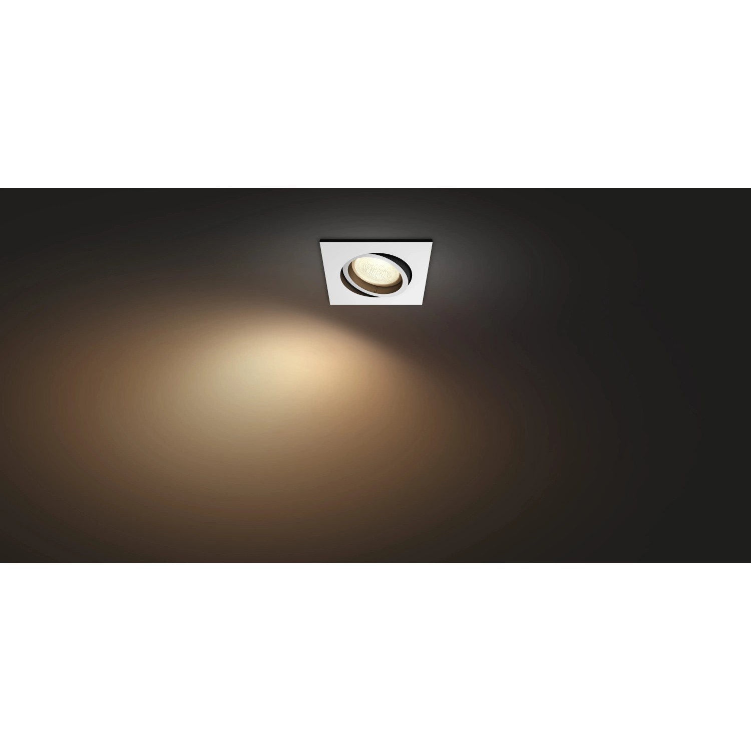 Eckiger, weißer Philips Hue LED-Einbauspot Centura mit warmweißem Licht.