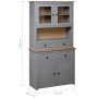 Graues Highboard aus Kiefernholz (93x40,5x180 cm) mit Schubladen, Türen und Glastüren. Büroschrank im Panama-Stil.
