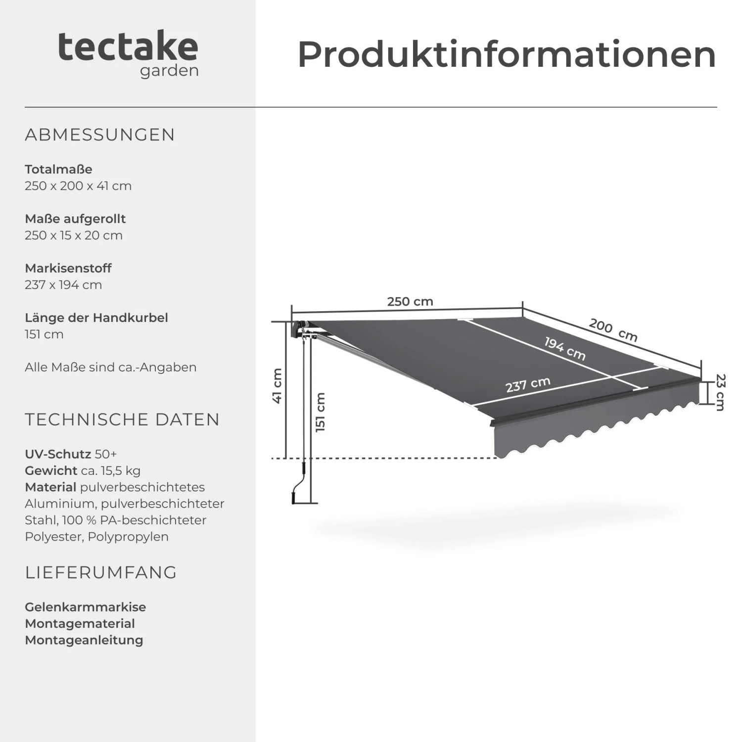 Abbildung der Tectake Gelenkarmmarkise Ornella mit Maßangaben in Dunkelgrau.