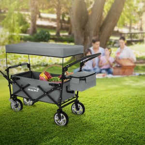 Grauer Hauki Bollerwagen XXL mit Dach und Tasche für Campingausflüge.