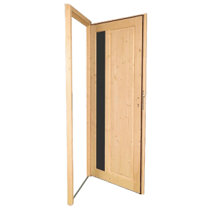 Geöffnete, naturbelassene Panto Holz-Nebeneingangstür NET 510 mit Glasausschnitt.