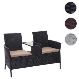 Schwarze Poly-Rattan Gartenbank mit Tisch und creme-farbenen Kissen.