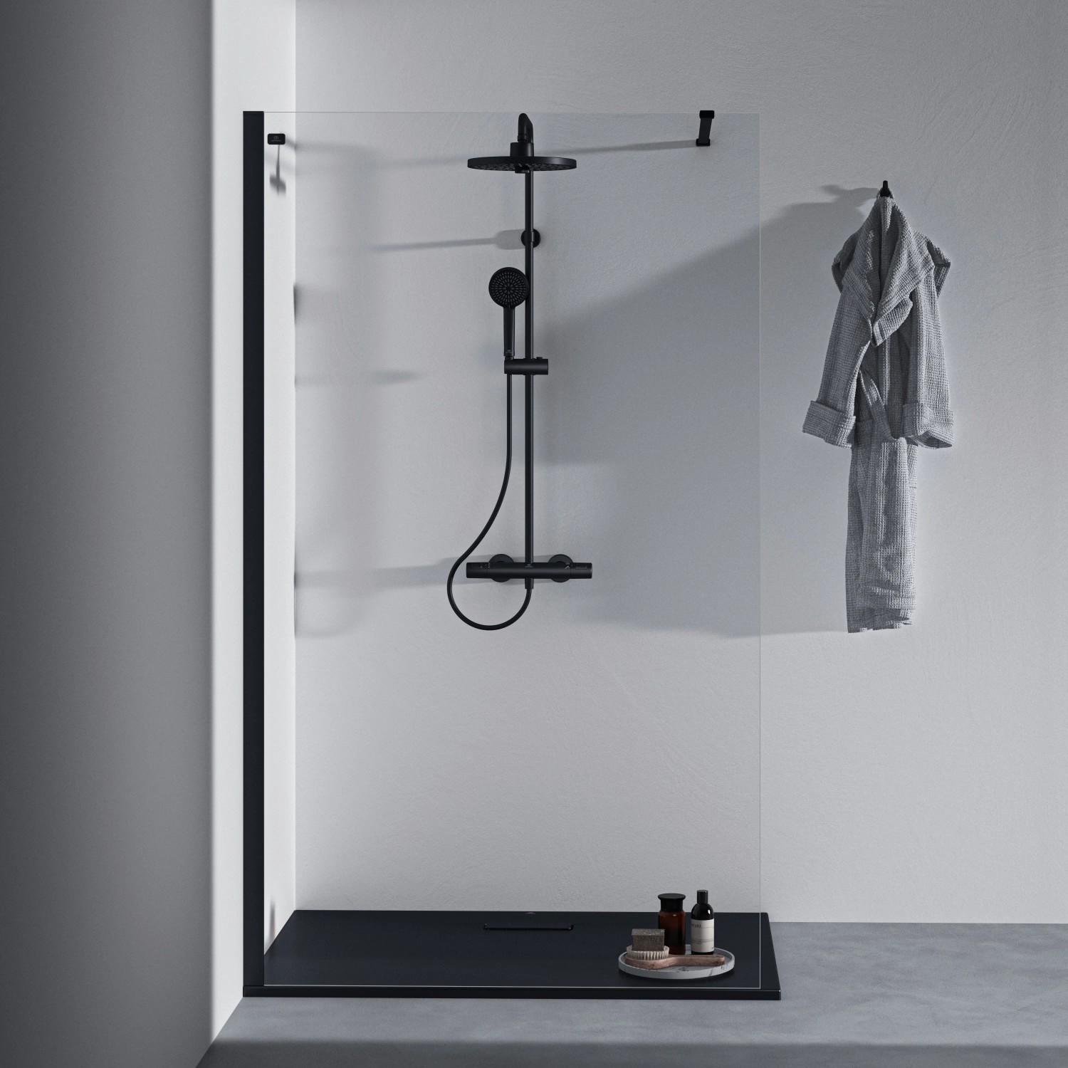 Ideal Standard Ceratherm T25+ Duschsystem in Schwarz Matt mit Regen- und Handbrause.