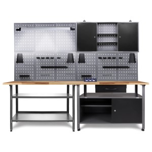 Ondis24 Werkbank Set mit Werkzeugschrank, Lochwand, LED-Lampe und Steckdose für Werkstatteinrichtung.