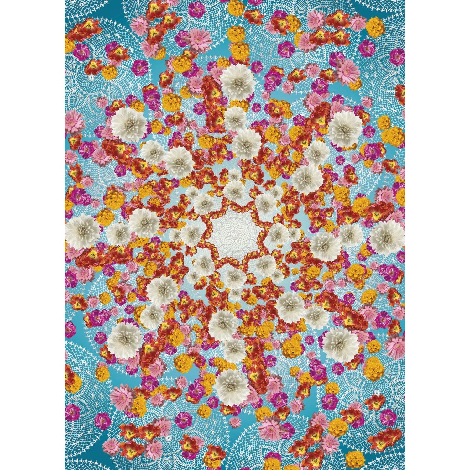 Sanders & Sanders Fototapete Kaleidoskopblumen Blau Rosa und Gelb 184 x 254 cm 612301