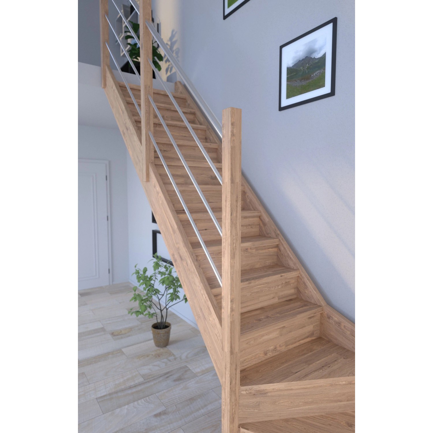 Gewendelte StarWood Treppe Rhodos aus Eiche mit Edelstahl-Geländer für den Innenbereich.