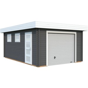 Palmako Garage Rasmus, dunkelgrau-weiße Fertiggarage mit Sektionaltor, Fenster und Tür.
