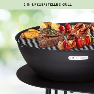 Blumfeldt Nantai Grillstation: Schwarze Feuerschale mit Grillrost und Speisen.