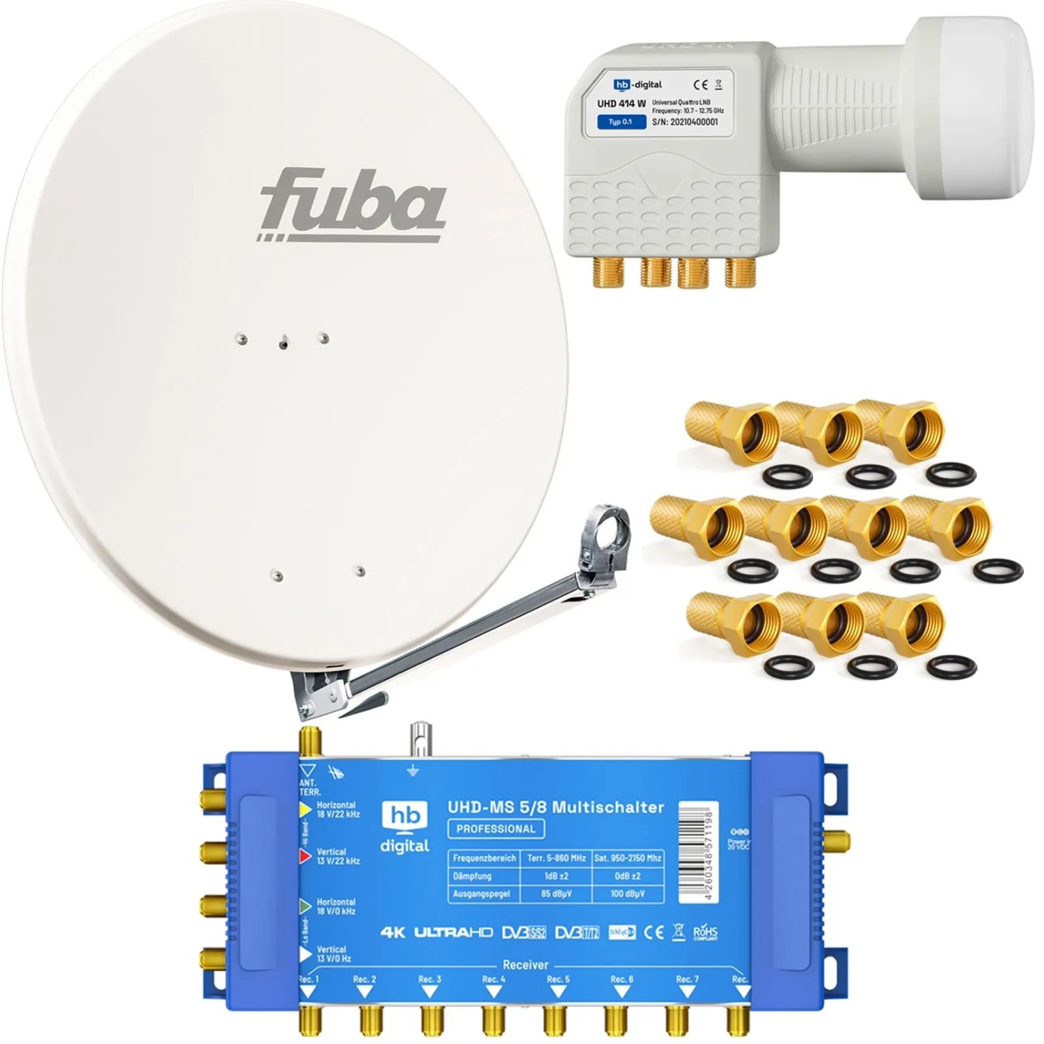 hb-digital SAT Anlage Fuba DAL 800 80cm mit Multischalter MS 5/8 und Quattro LNB Weiss