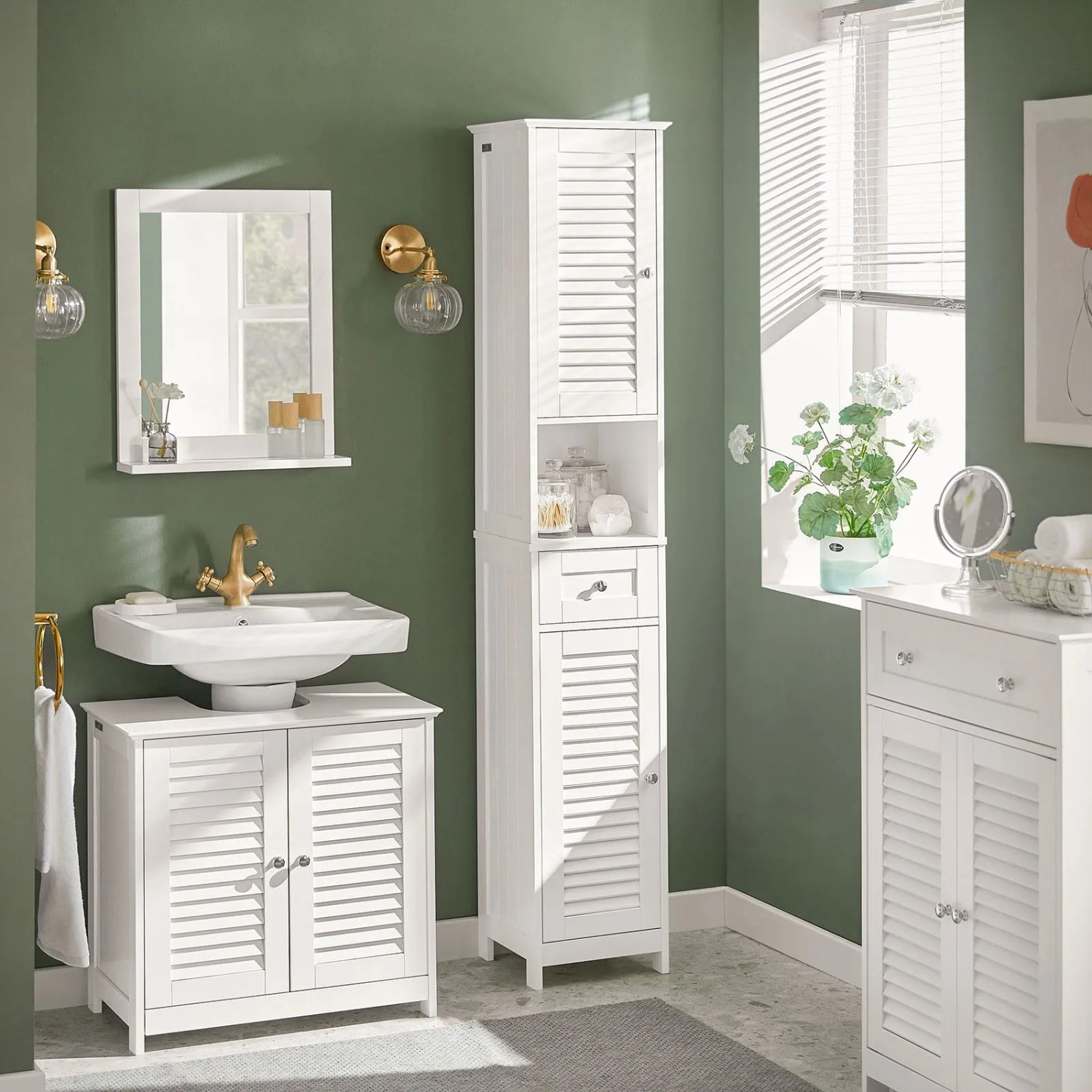 SoBuy Badschrank FRG236-W, weißes Holz mit Lamellentüren, offenes Fach und Schublade.