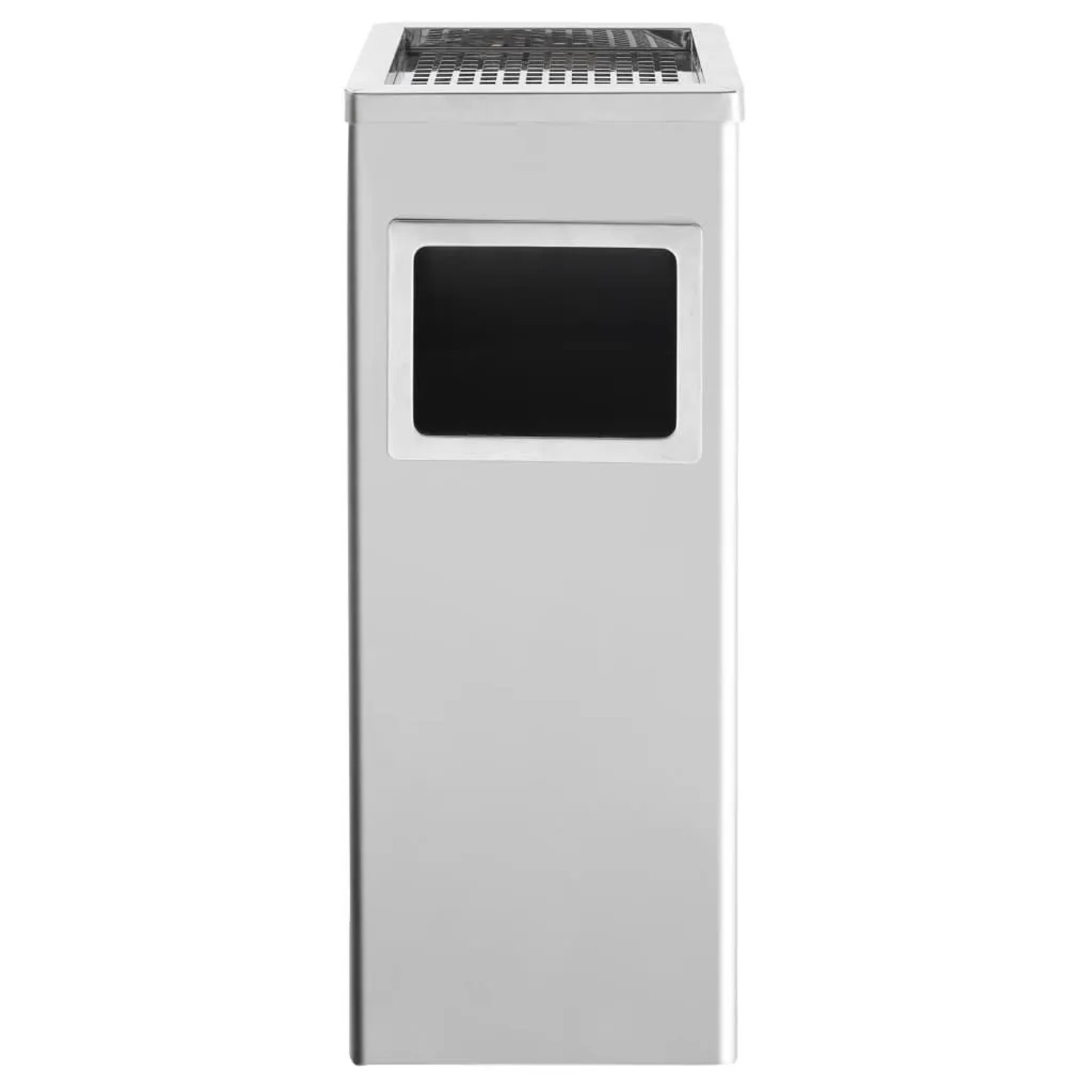 Silberner Edelstahl Standaschenbecher mit integriertem Mülleimer. Modernes, rechteckiges Design für draußen.