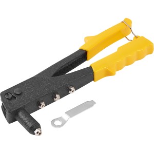 Nietzange mit gelben Griffen und Werkzeug zum Wechseln der Nietaufsätze.