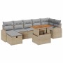 Beiges 8-teiliges Garten-Sofa-Set aus Poly Rattan mit Kissen und Stauraum.