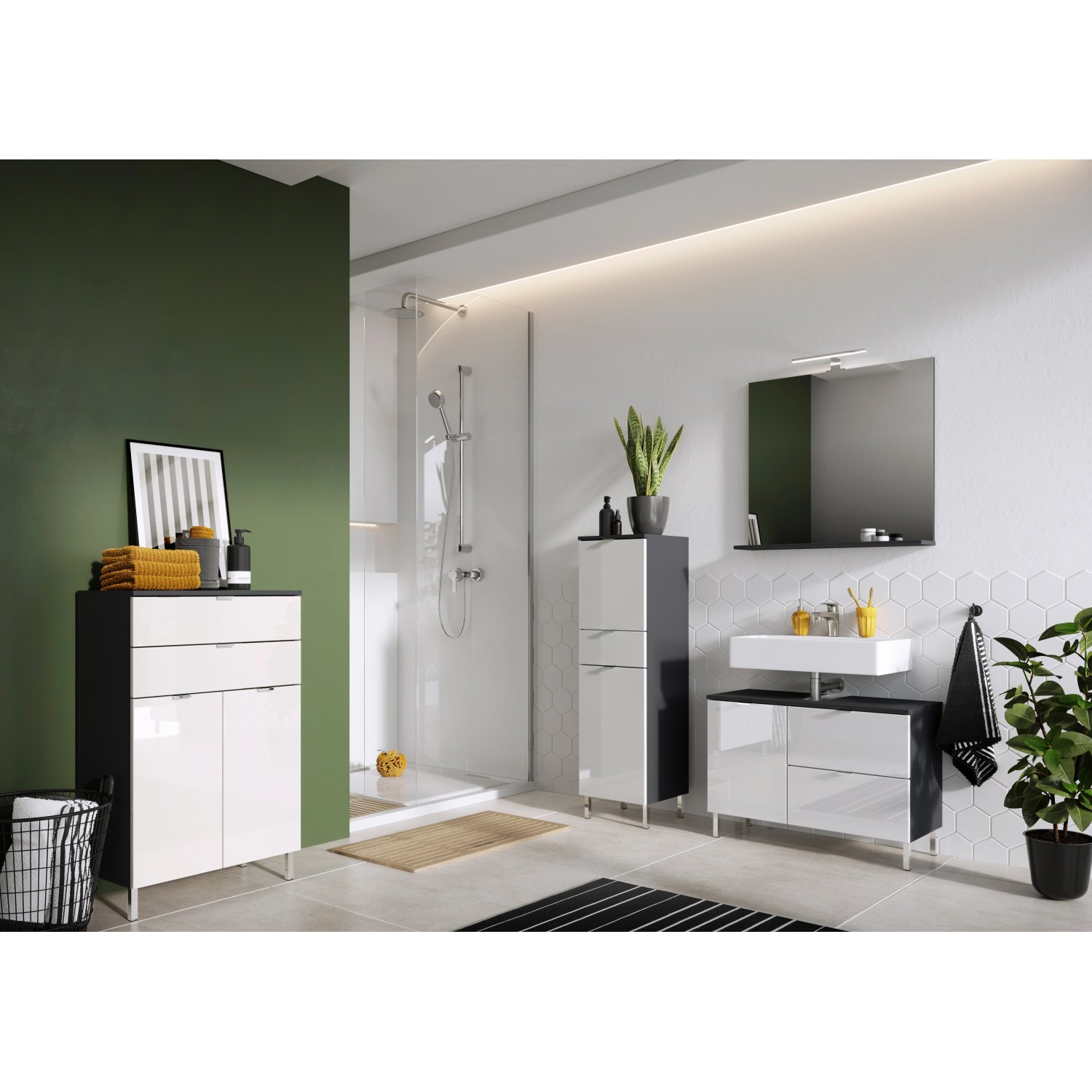 Germania Kommode Mauresa, 60x97x34 cm, Graphit-Weiß, im Badezimmer.