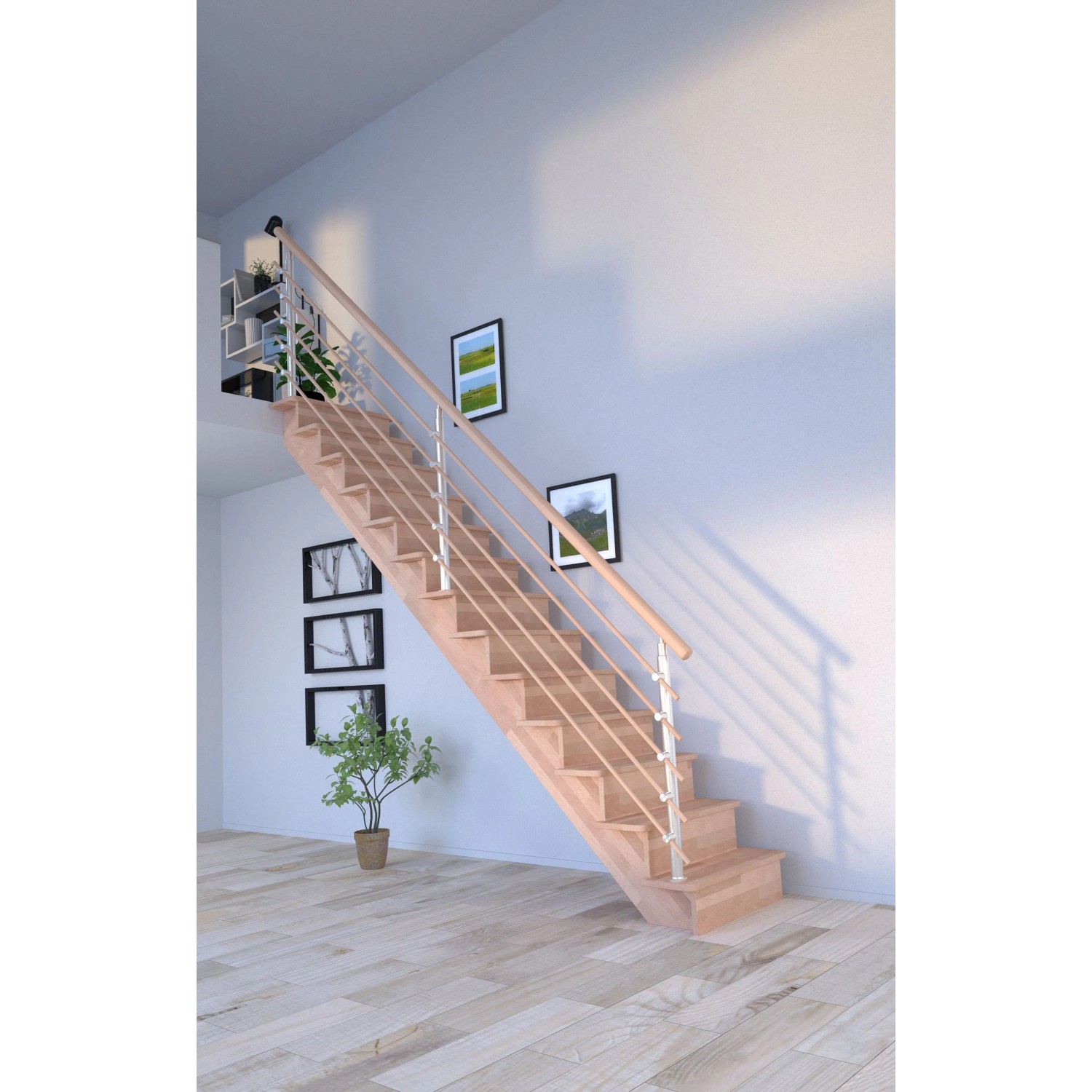 Helle, gerade Buchenholztreppe Lindos mit Design-Geländer und Setzstufen.
