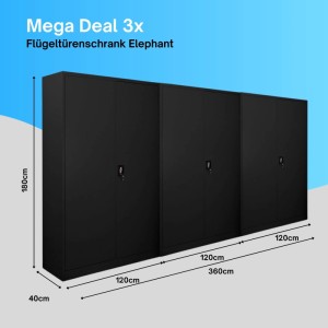PROREGAL MegaDeal 3x Flügeltürenschrank ELEPHANT Mit 2 Türen Abschließbar HxBxT 180x120x40cm 4 Ebenen Stahl Pulverbeschichtet Schwarz Aktenschrank