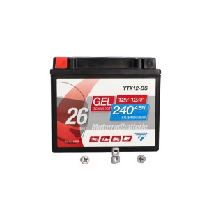 Cartec GEL Motorradbatterie YTX12-BS, 12Ah, 240A, wartungsfrei und auslaufsicher.