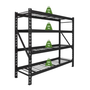 Schwarzes TRUTZHOLM Schwerlastregal Enno mit 4 Gitterböden, Traglast 3200 kg, Stecksystem.