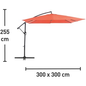 Ampelschirm Alvarado, 300x300 cm, Terracotta, mit Kurbel und Maßen.