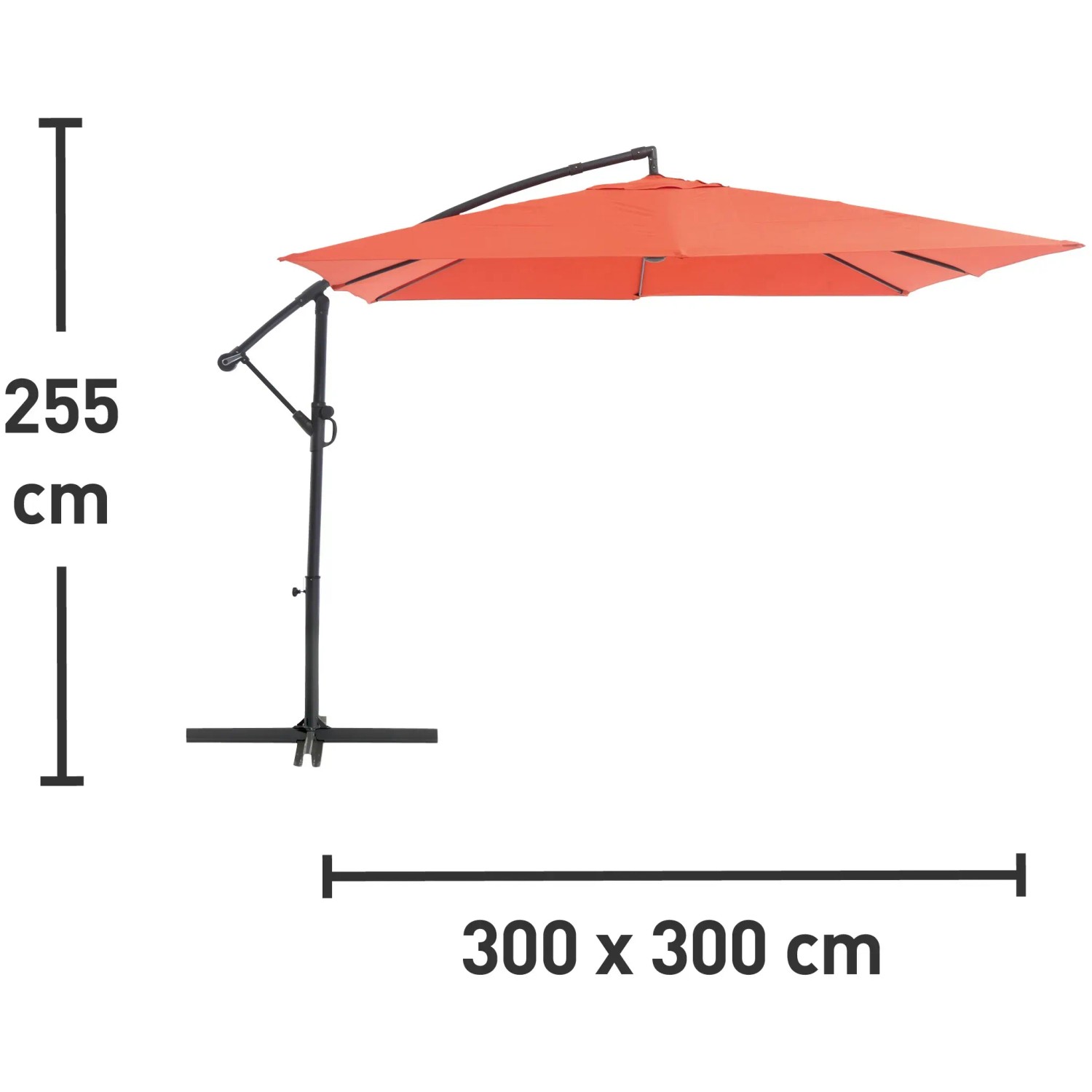 Ampelschirm Alvarado, 300x300 cm, Terracotta, mit Kurbel und Maßen.