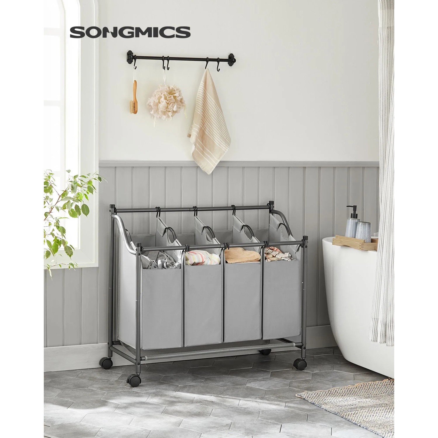 Songmics Wäschesammler mit 4 Fächern (140 l) in Grau, ideal zur Wäschevorsortierung.