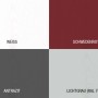 Farbmuster der Bondex Holzfarbe für Aussen: Weiss, Schwedenrot, Anthrazit und Lichtgrau.