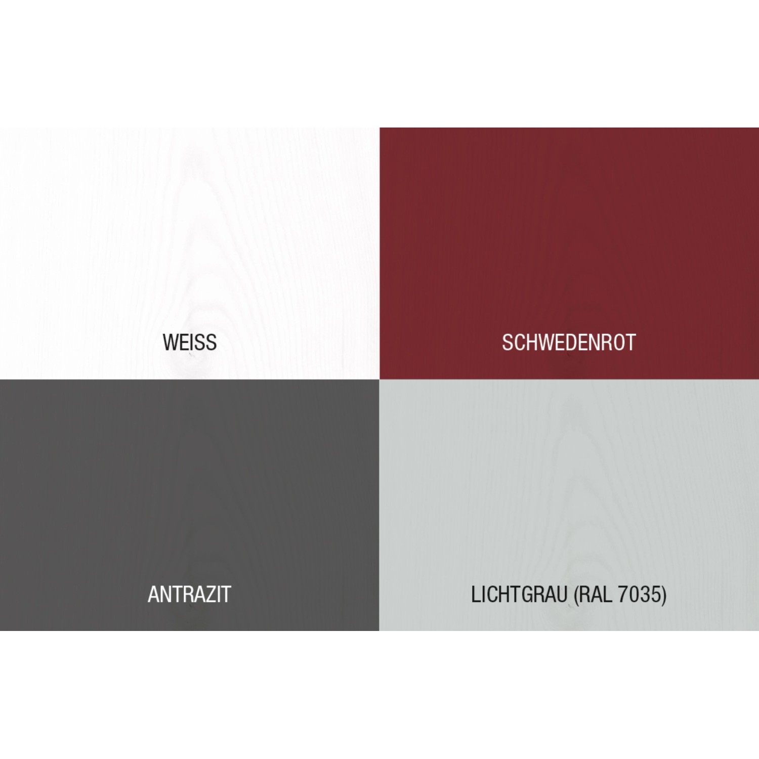 Farbmuster der Bondex Holzfarbe für Aussen: Weiss, Schwedenrot, Anthrazit und Lichtgrau.