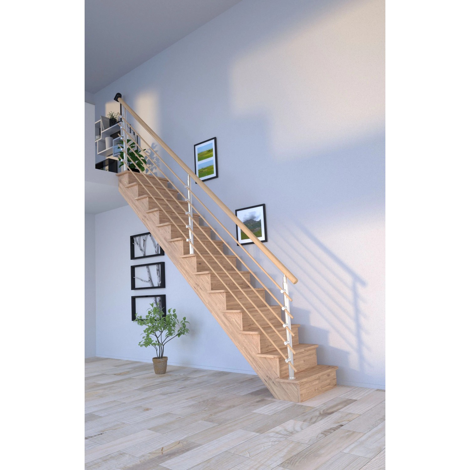 Gerade Eichenholztreppe Lindos mit Setzstufen und Design-Geländer mit Holzstäben.