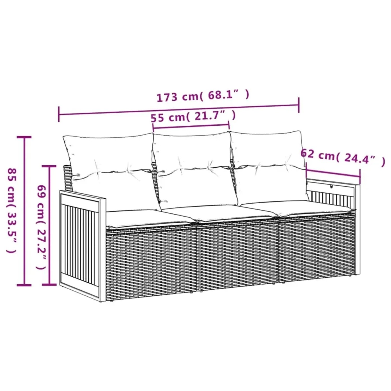 Graue 3-tlg. Garten-Sofagarnitur aus Polyrattan mit Kissen, Maße eingezeichnet.