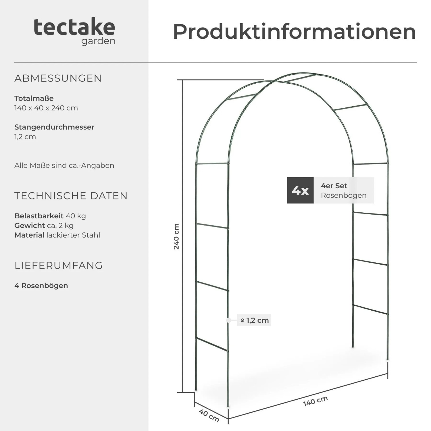 Tectake 4Er Set Rosenbogen Aus Stahl Wetterfest 140 x 40 x 240 cm Grün_6