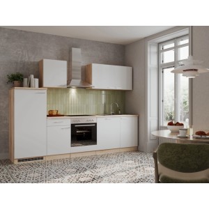 Moderne Respekta Küchenzeile 280 cm, Weiß/Eiche-Natura, mit Backofen, Kochfeld, Dunstabzug, Spüle, Kühlschrank, Geschirrspüler.