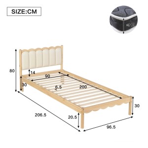 Beiges Merax Kinderbett 90x200 cm mit wellenförmigem Polsterkopfteil und Holzrahmen. Zeigt Maße und Lattenrost.