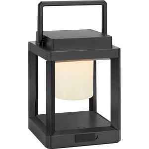Eckige Solar-LED-Laterne in Schwarz, 13,5x13,5x18 cm, mit Tragebügel. Ideal für Garten und Balkon.
