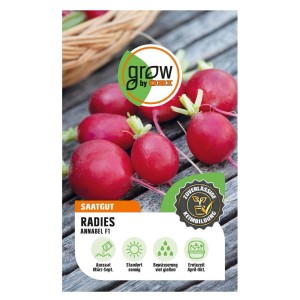 GROW by OBI Radieschen Annabel F1 Samen, leuchtend rote, runde Radieschen auf Holz.